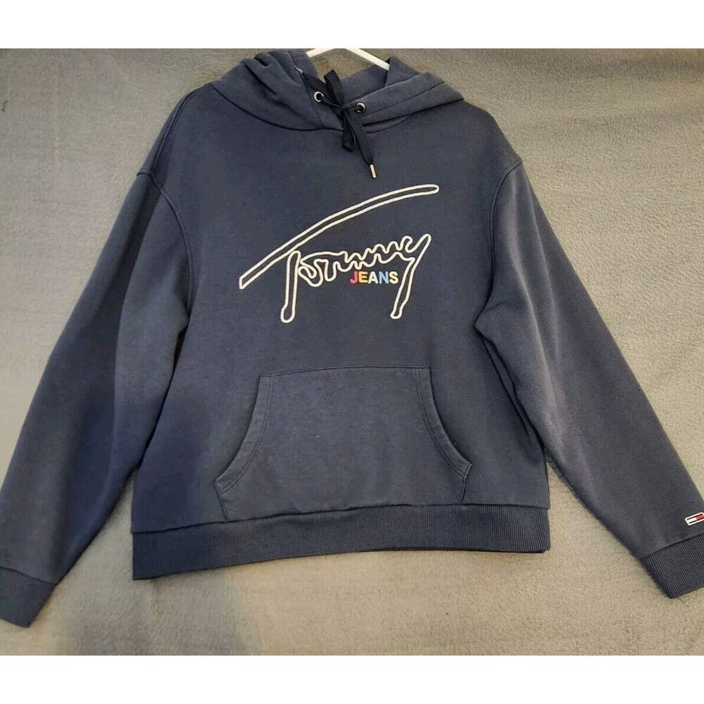 Tommy Hilfiger Blue Pullover Hoodie Embroidereded Logo Sweatshirt Men's Size L